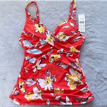 Catalina Twist Front Tankini Swim Top Red Yellow Floral Padded Underwire... - $18.80