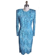 1980s RETRO Vintage Evening  Dress Turquoise Sequins Twilight Connection Women M - £71.15 GBP