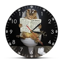 Kitten Cat on Toilet with Newspaper Bedroom Silent Wall Clock Funny Bathroom Wal - £30.77 GBP