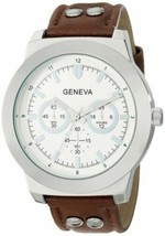NEW Geneva 2417C-GEN Men Silver Case Watch Brown Faux Leather Band Fashi... - $21.73