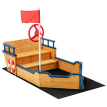 Kids Pirate Boat Wooden Sandbox Non-Woven Fabric Liner Outdoor Children Playset - £163.06 GBP