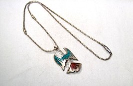 Vintage Sterling Silver Thunderbird Turquoise Coral Inlay Necklace K210  - £43.39 GBP
