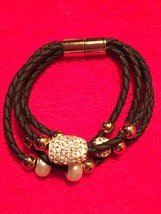 Black 4 Strand Bracelet Rhinestones and Beads Magnetic Clasp - £3.86 GBP