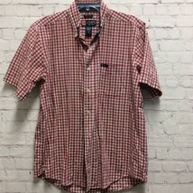 Chaps Mens Button Down Shirt Red Gingham Short Sleeve Collar Pocket Logo M - $12.51