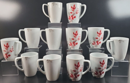 (12) Corelle Kyoto Leaves Mugs Set Corning Coordinates White Red Grey Leaves Lot - £90.54 GBP