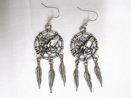 Cast Pewter Vintage Flying Eagle Dream Catcher 3&quot; Long American Metal Earrings - £16.07 GBP