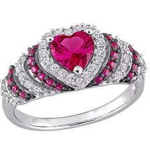 1.8CT Simulated Ruby &amp; Diamond Heart Halo Enegagement Ring 14K White Gold Plated - £155.15 GBP