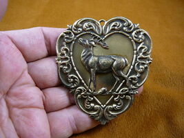 (b-elk-5) Deer buck elk love hunting lover scrolled heart brass pin pendant - $16.09