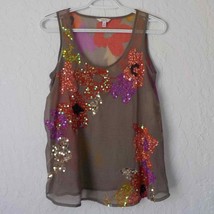 Candies Big Flowers Beige Chiffon Blouse Women Small Colorful Sequin Sleeveless - £11.93 GBP