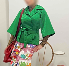 80s to 90s Designer Kimono Jacket BRIGHT GREEN SATEEN WITH TIE WAIST! Bo... - $441.84