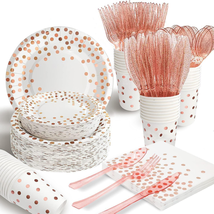 White Rose Gold Plates and Napkins Party Supplies 175 Pcs, Serves 25 Rose Gold P - £32.21 GBP