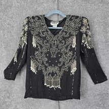 Vintage Showmax Originals Blouse Woman Medium Black Silver Silk Beaded S... - £28.59 GBP