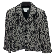 Maggy London Womens Jacket Coat Black Gray Damask Rayon Wool Buttons Petites 8 - £26.89 GBP