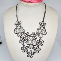 Amrita Singh Statement Bib Necklace Floral Rhinestones Gray Gunmetal Tone - £16.04 GBP