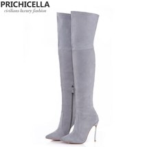 8cm 10cm grey genuine leather over the knee boots thigh high booties size34-42 - £202.59 GBP