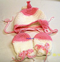 Pink white baby hat mittens  1 thumb200