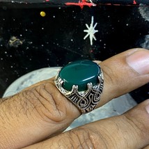 925 sterling silver mens ring natural green qeeq yemen agate ring خاتم عقيق يمني - £53.01 GBP