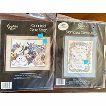 2 VTG NOS Golden Bee Counted Cross Stitch Cats &amp; Flowers /Cat Saying Pic... - $39.20