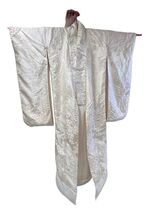 Japanese Kimono Uchikake Vintage Silk Ivory Wedding Luxurious Peacocks - $178.20