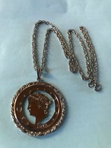 Vintage Long Silvertone Twist w Large Faux Vintage Coin Pendant Necklace - chain - £12.62 GBP
