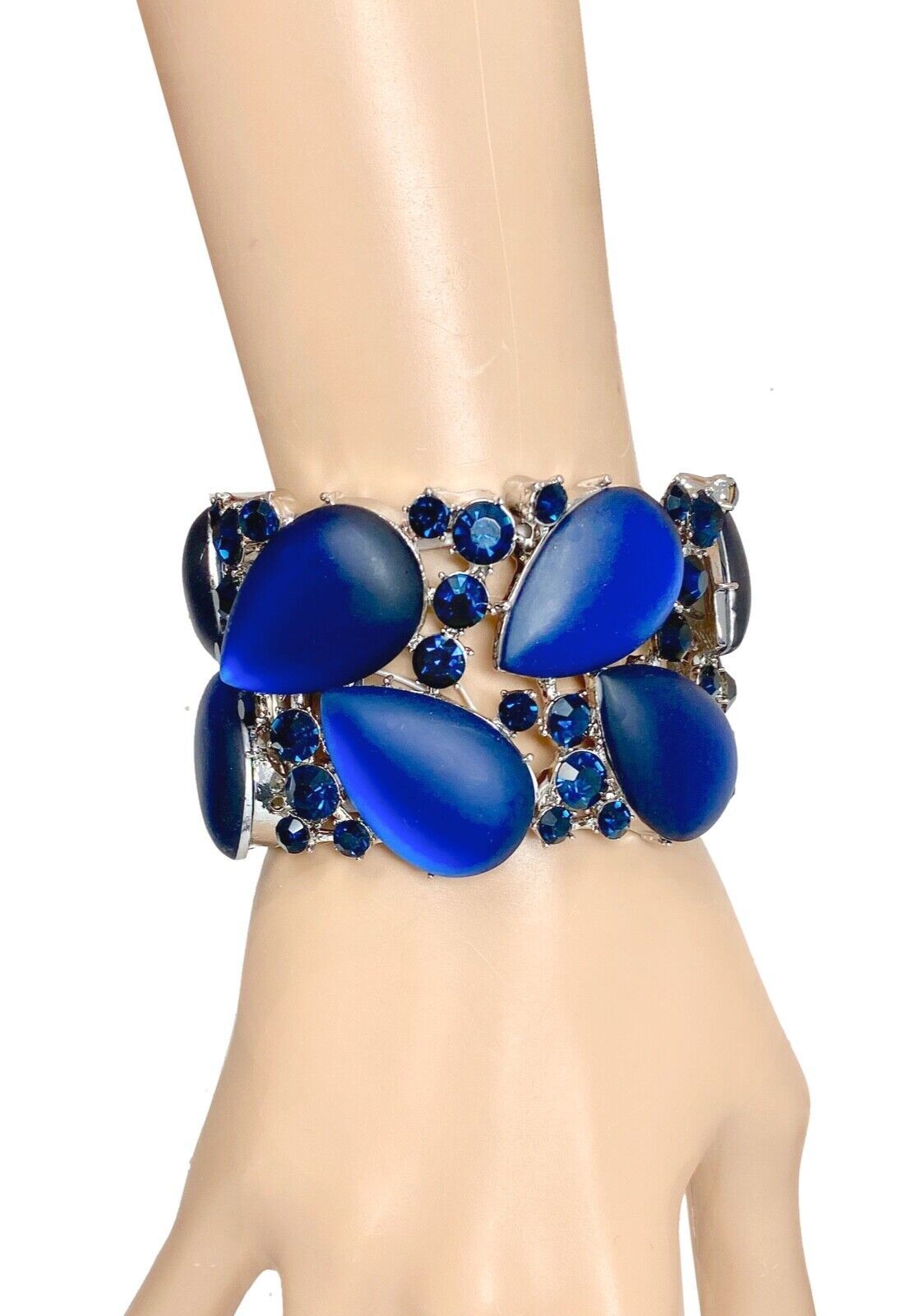 Primary image for 1.75" Wide Matte Ice Montana Navy Blue Crystals Statement Stretchable Bracelet