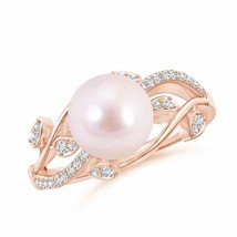 ANGARA Japanese Akoya Pearl Olive Leaf Vine Ring for Women in 14K Solid Gold - £1,147.60 GBP