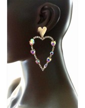 3.75&quot; Long AB Crystals Golden Heart Statement Oversized Pierced Earrings - £19.28 GBP