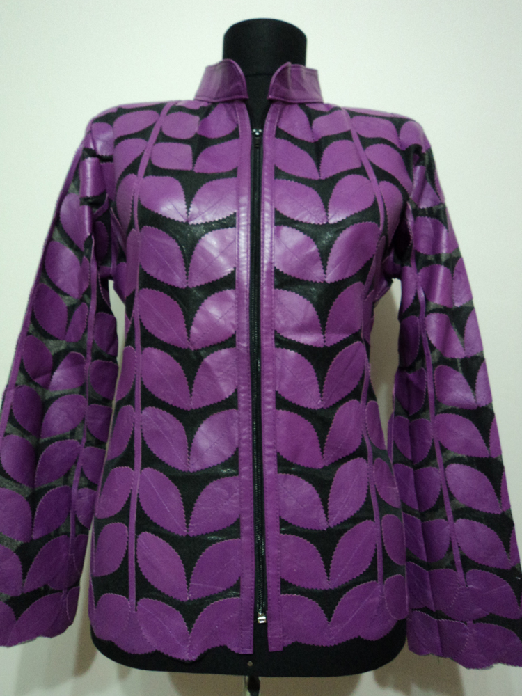 Primary image for Plus Size Purple Leather Leaf Jacket Women All Colors Sizes Genuine Zip Short D1