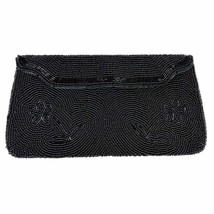 VTG Black Fully Beaded Clutch Bag 1950s Floral Design  - $42.77