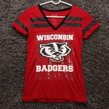 Wisconsin Badgers Shirt Women Small Red Sequined Cute V Neck Top Stripe Logo  - £11.19 GBP