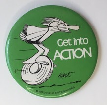 1973 Jonny Hart B.C. comic GET INTO ACTION 2.25&quot; Button Pin Component - £15.43 GBP