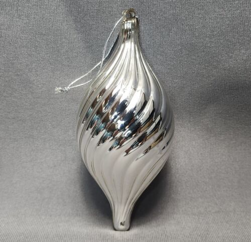 Primary image for Vintage Hand Blown Art Glass Swirl Teardrop Silver Chrome Christmas Ornament 6"