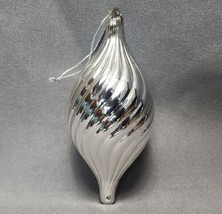 Vintage Hand Blown Art Glass Swirl Teardrop Silver Chrome Christmas Ornament 6&quot; - £23.73 GBP