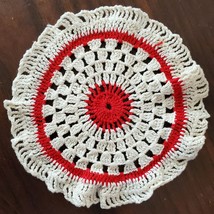 Vintage Red White Handmade Crochet Doily 6.5&quot; - £9.00 GBP