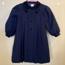 Vintage Fischel Girls Sz 6 Navy Blue Dress Coat Velvet Applique Wool Swing - £47.37 GBP