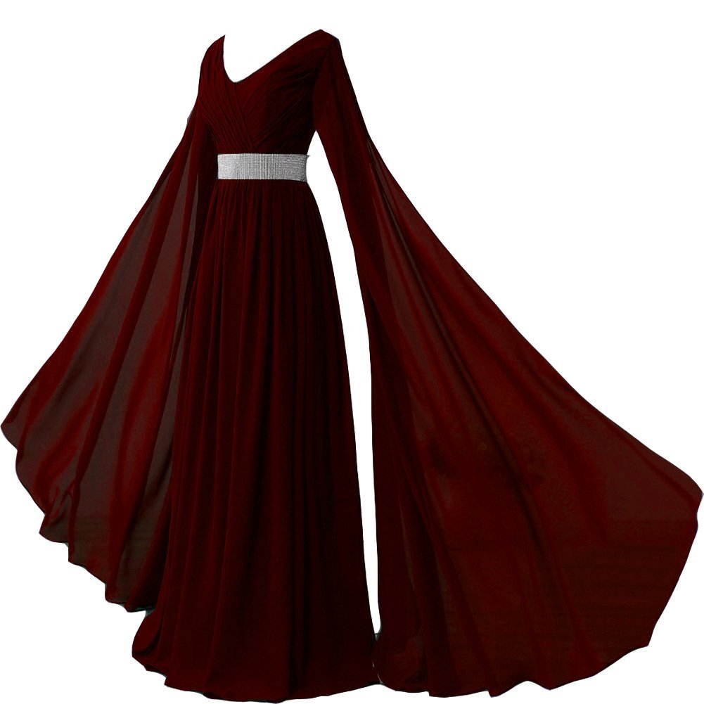 Kivary V Neck Long Sleeves Chiffon Goddess Prom Vintage Evening Dresses Burgundy