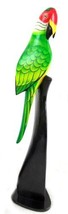 Green Wooden Parrot Bird on Stand Sculpture Carving Statue Handmade - $24.69