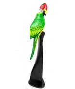 Green Wooden Parrot Bird on Stand Sculpture Carving Statue Handmade - £19.78 GBP