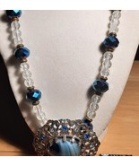 24 Inch Hand Beaded Sparkly Blue And Clear Beads With Removable Vintage ... - £28.52 GBP