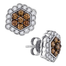 10k White Gold Round Brown Color Enhanced Diamond Hexagon Cluster Earrings - £448.22 GBP