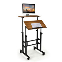 Costway Mobile Standing Desk Rolling Compact Standing Desk Home Office Walnut - £93.60 GBP