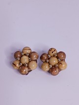 Vintage Brown Cream Beaded Clip-On Earrings Unmarked - $3.19