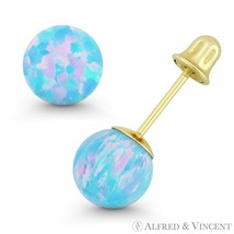 Fiery Azure Blue Synthetic Opal Ball Screwback Stud Earrings in 14k Yellow Gold - £35.41 GBP+