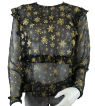 Topshop Idol Blouse Sz 10 Sheer Black Chiffon Ruffles Gold Sequin Long Sleeve - £13.86 GBP