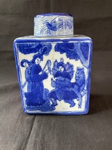 Antique chinese porcelain Tea Caddie Blue And White with  Personages - £195.39 GBP