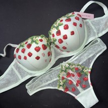Victoria&#39;s Secret 32DD,34DDD BRA SET S thong GREEN red strawberry embroi... - £62.27 GBP
