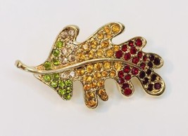 Vtg Monet Leaf Brooch Pin Gold Tone Metal Red Yellow Green Rhinestone Jewelry - £12.06 GBP