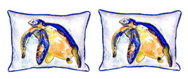 Pair of Betsy Drake Blue Sea Turtle - Left Large Indoor Outdoor Pillows - £71.20 GBP