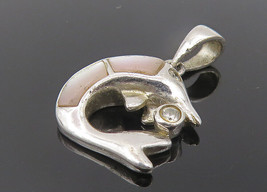 925 Sterling Silver - Vintage Mother Of Pearl &amp; Topaz Dolphin Pendant - PT9171 - £18.49 GBP