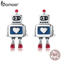 BAMOER Hot Sale Genuine 925 Silver Childhood Robot Heart Stud Earrings for Women - £15.88 GBP